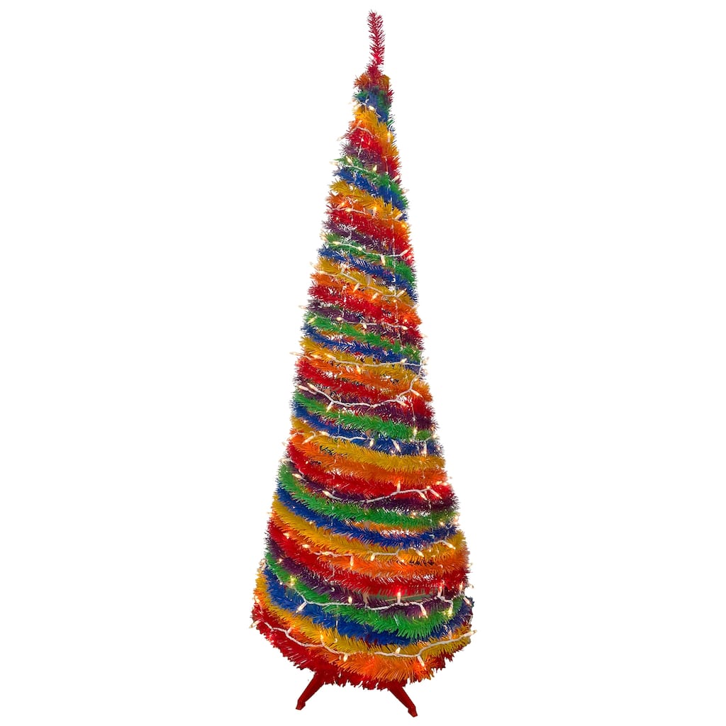 6' Rainbow Tinsel Pop-Up Artificial Christmas Tree, Clear Lights - 6 Foot
