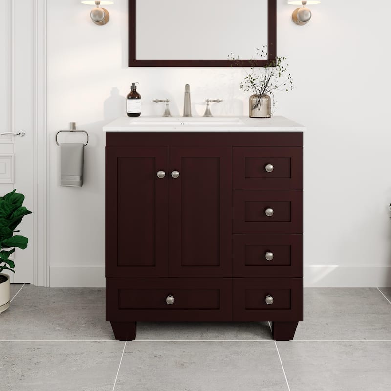Eviva Acclaim 30"W x 22"D Teak Bathroom Vanity with White Carrara Quartz Vanity Top and Rectangular Undermount Sink