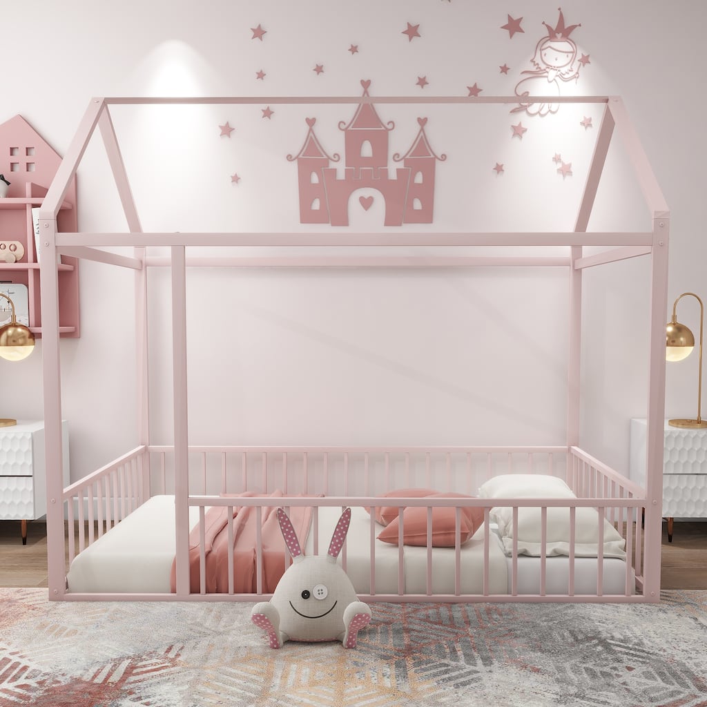 Pink Twin Size Metal House Bed Frame with Fence for Kids & Teens - Play & Sleep Design