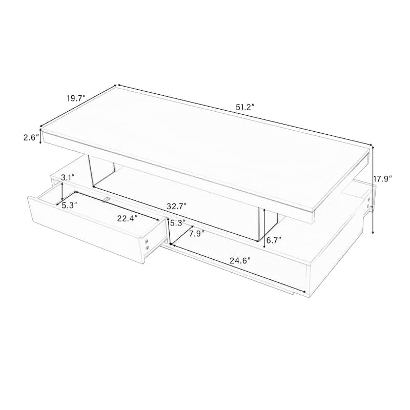 51.2'' LED Coffee Table with 2 Drawers and Shelves, Modern High Gloss Center Table with Storage for Living Room