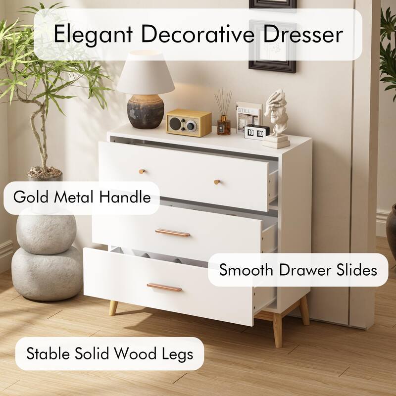 Nordic Style 3-Drawer Storage Cabinet, Modern White Chest of Drawers with Rose Gold Handles & Solid Wood Base