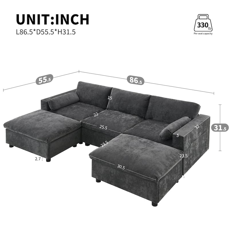 86.5" 5 Seater Modular Sectional Sofa with 2 Ottoman and Side Pockets