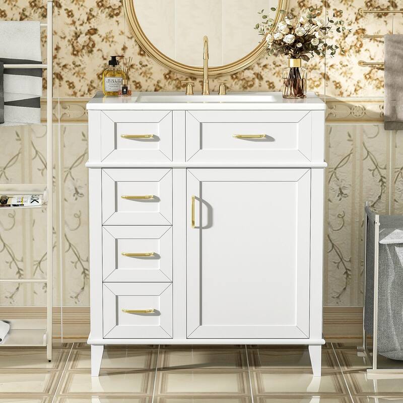 30-Inch Bathroom Vanity with Ceramic Sink, Adjustable Shelf, Soft Close Door, and Three Soft Close Drawers 