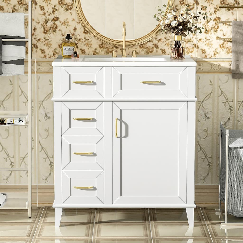 GDFStudio - Snowdon Transitional Freestanding Bathroom Vanity Cabinet with Ceramic Sink, Soft Close Drawers & Adjustable Storage