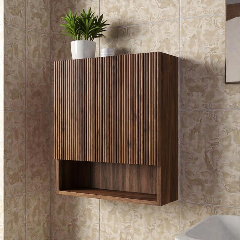26" Wall-Mounted Striped Bathroom Storage Cabinet with Doors, Shelf & Open Compartment, Over-The-Toilet Organizer