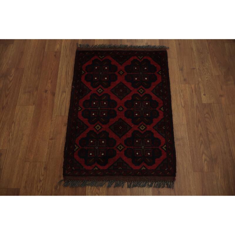 Hand Knotted Oriental 100% Wool Carpet Traditional Geometric Red Balouch Area Rug - 2' 1'' X 1' 6''