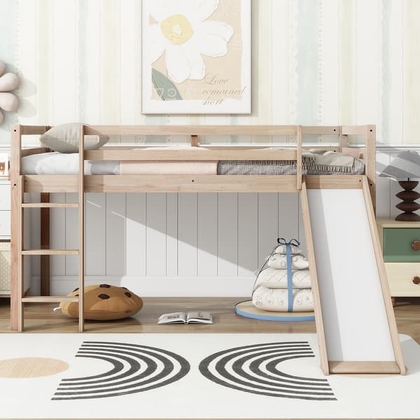 slide 2 of 43, Twin Loft Bed with Slide and Low-Profile Design White Oak