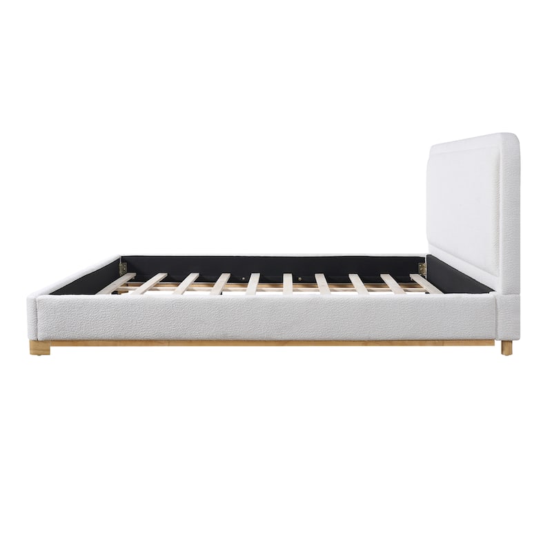 Modern King Size Bed Frame with Curved Headboard, Boucle Upholstery, and Solid Wood Base