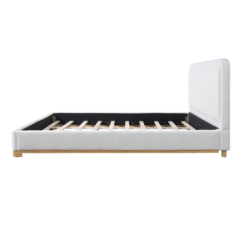 White Platform Bed Wingback Frame with Boucle Upholstered Curved Headboard, Solid Wood Base Low Profile Bed