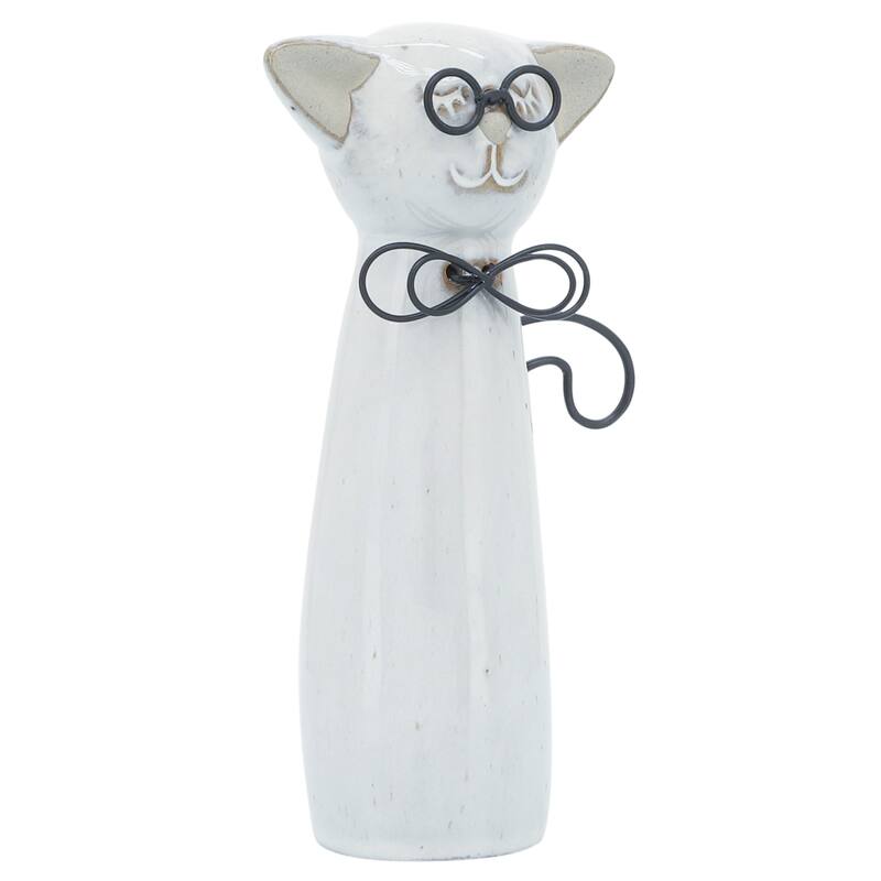 Sagebrook Home Modern Neutral Ceramic Cat with Glasses Figurine - 4" x 2" x 7"