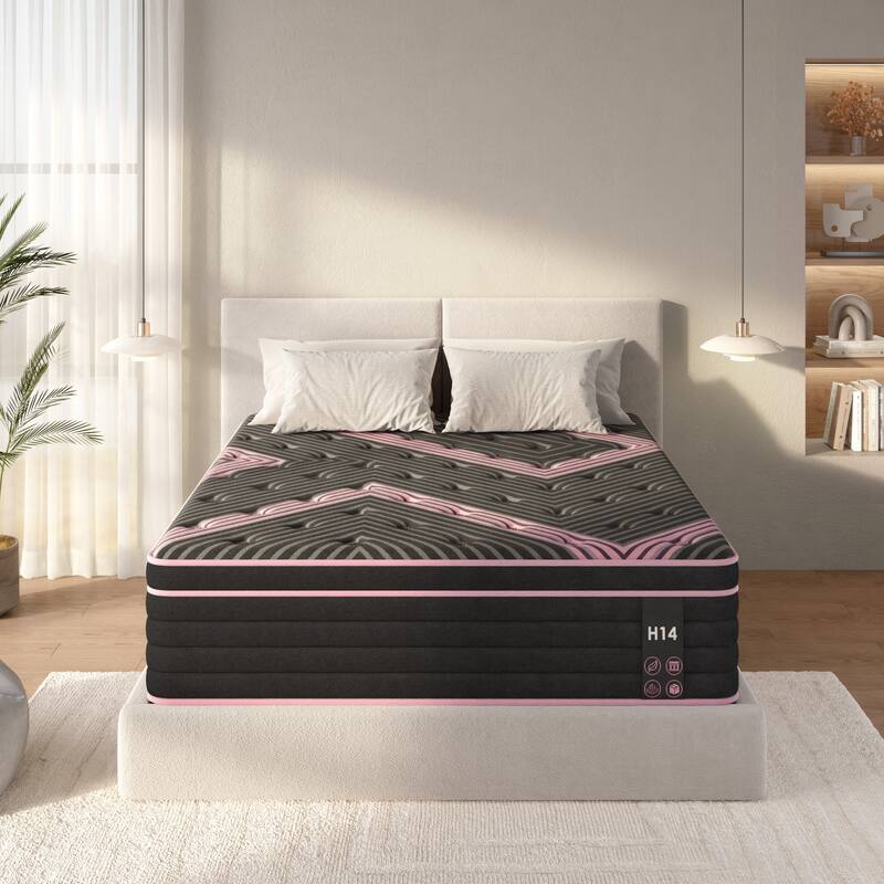 Queen Size Mattress, 12 Inch Hybrid Mattress, Individually Pocketed Innerspring, Medium Firm - Pink