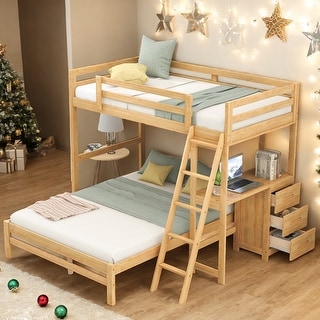Twin over Full Bunk Bed with Built-in Desk and Drawers, Natural