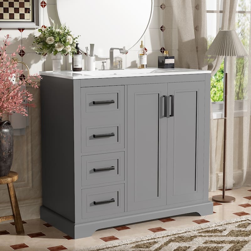 36" Modern Bathroom Vanity with Ceramic Sink, Soft-Close Door, Adjustable Shelf & 3 Drawers, Ample Storage.