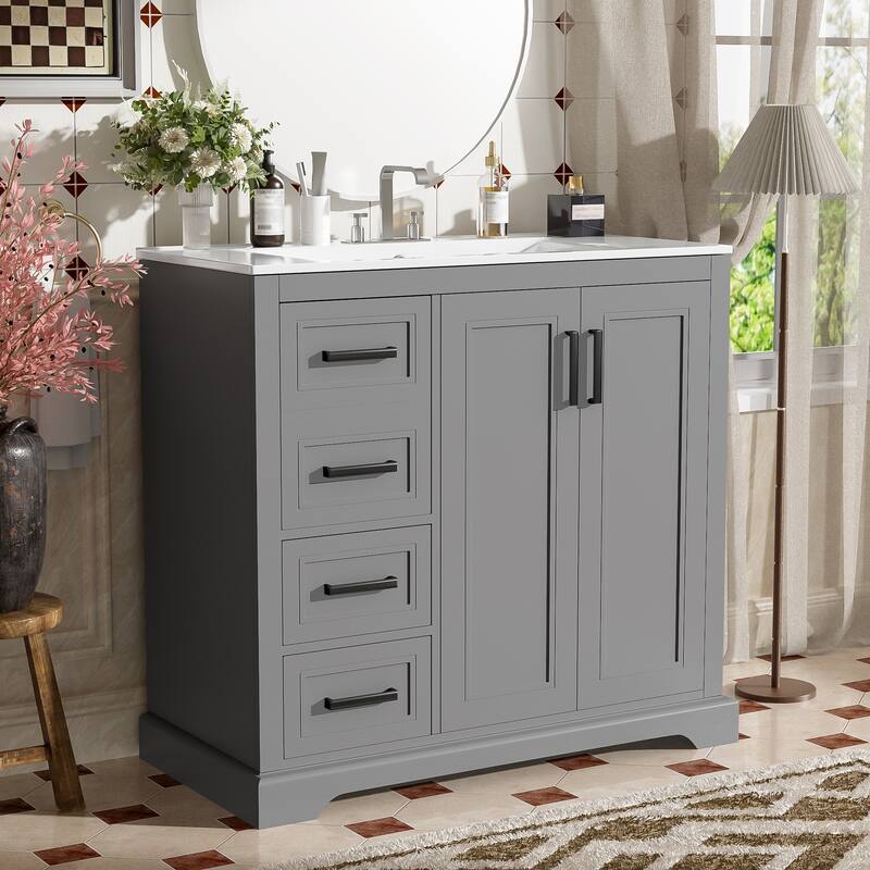 36" Modern Bathroom Vanity with Ceramic Sink, Soft-Close Door, Adjustable Shelf & 3 Drawers, Ample Storage
