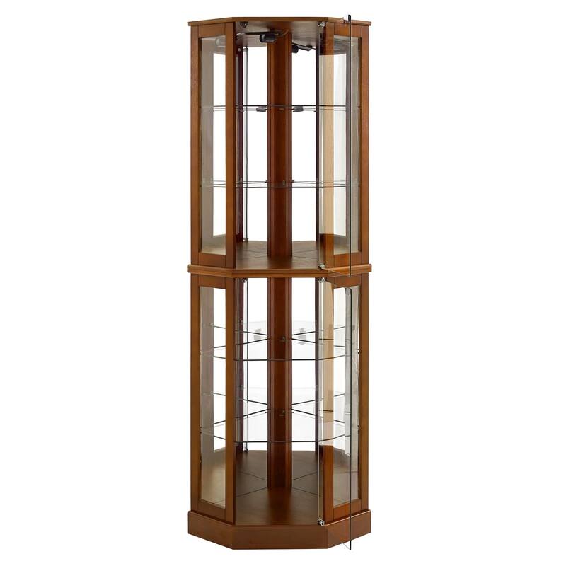 Lighted Corner Curio Display Cabinet with 6 Adjustable Glass Shelves and Mirrored Back Panel