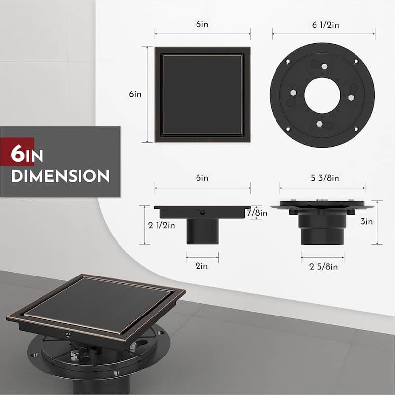 4/6-Inch Square Shower Drain, Reversible Tile Insert