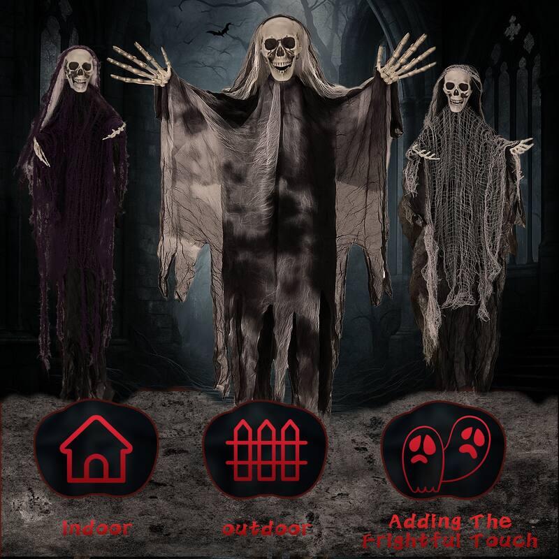 3-Pack Hanging Grim Reaper Decorations with Scary Skull Heads and Tattered Robes for Halloween