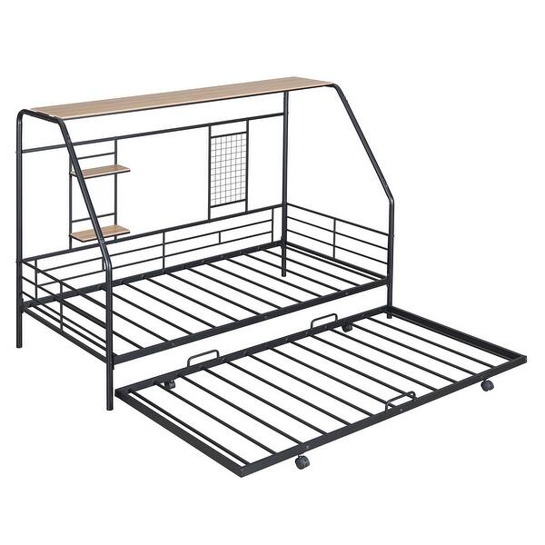 slide 2 of 13, Twin Metal House Bed with Trundle, Sturdy Bedframe w/Built-in Shelf and Grid for Kids Bedroom, Dorm, No Box Spring Needed, Black Black - Twin