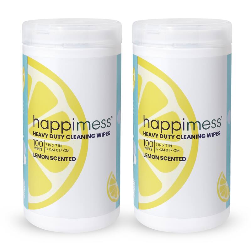 happimess, All Purpose Multi Surface Heavy Duty Cleaning Wipes Bleach Free - Set of 2 - Lemon Scent (2 Pack, 200 Count)