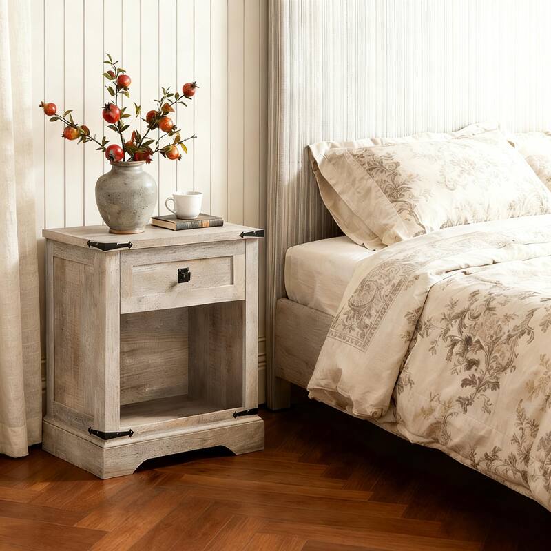 Farmhouse Nightstand with Charging Station，Beside Table for Bedroom - Light Rustic Oak