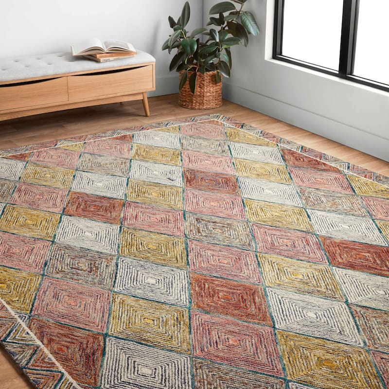Alexander Home Kaleidoscope Diamond Hand-Hooked Wool Rug - 5'0" x 7'6" - TURQUOISE / FIESTA