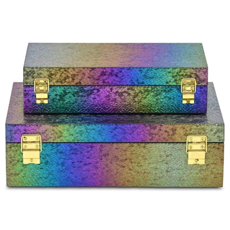 Nimue Set of 2 Rectangular Decorative Storage Boxes - Prismatic Fish Scale Pattern with Gold Hardware