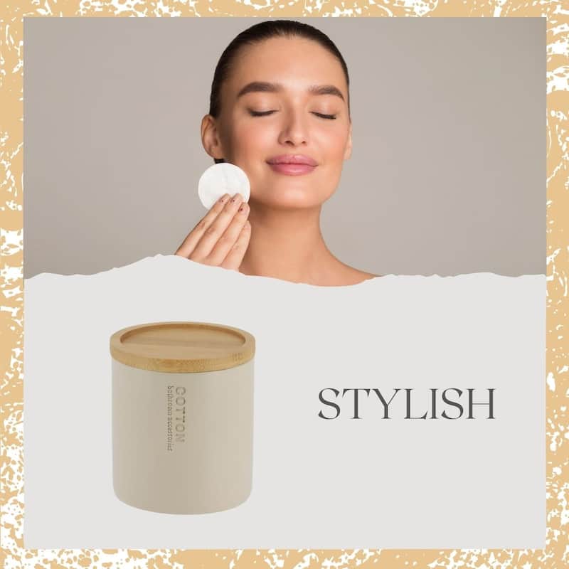 Sleek Cotton Pad Holder - Polyresin Bathroom Storage Container with Bamboo Lid - 4 L x 4 W x 4.6H