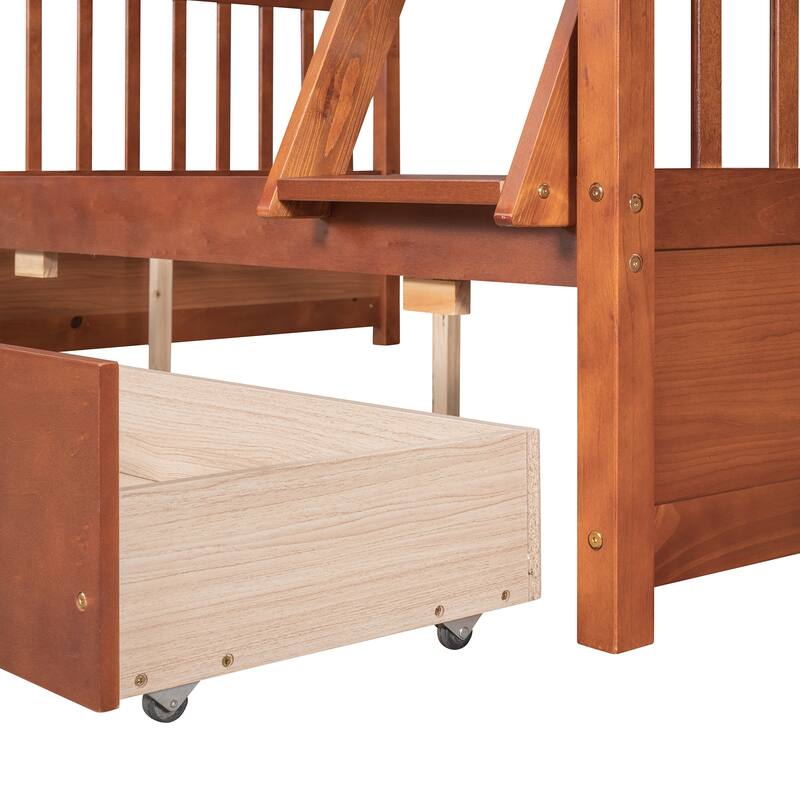 Space-Saving Twin Over Full Bunk Bed with Drawers, Solid Wood Frame with Guardrails and Ladder, Detachable into 2 Platform Beds