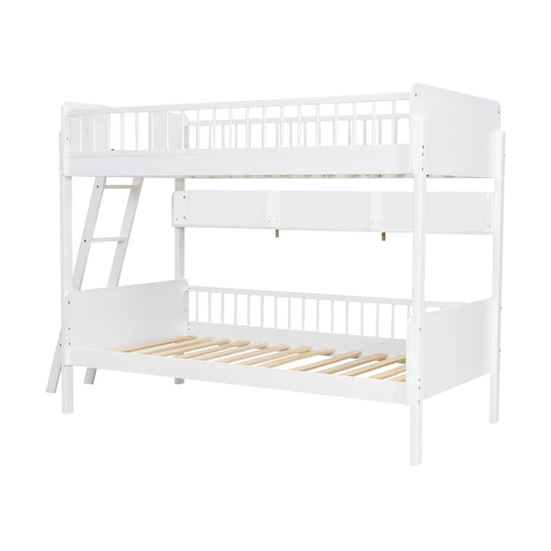 Twin Over Twin Wood Bunk Bed with 3 Storage Shelves, Reversible Ladder