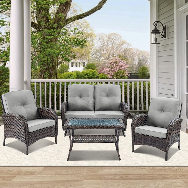 Outdoor Glider Rocking Sofa with Coffee Table, Patio Chair - Brown - Grey - Brown