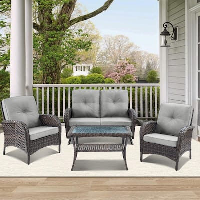 Outdoor Glider Rocking Sofa with Coffee Table, Patio Chair - Brown