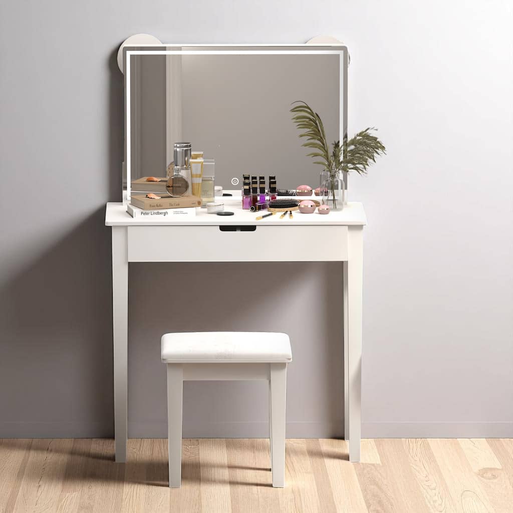 Small Makeup Vanity Desk with LED Mirror, Power Outlets, Drawer Organizer & Upholstered Stool for Bedroom