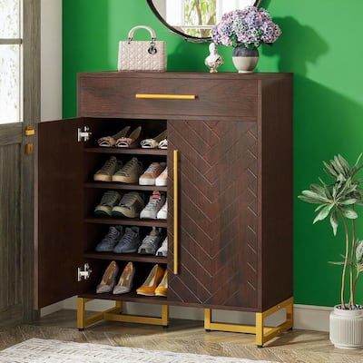 5-Tier Dark Brown Wooden Shoe Cabinet with Drawer and Holds 20 Pairs for Hallway and Living Room - 15.75”D x 31.5”W x 39.37”H