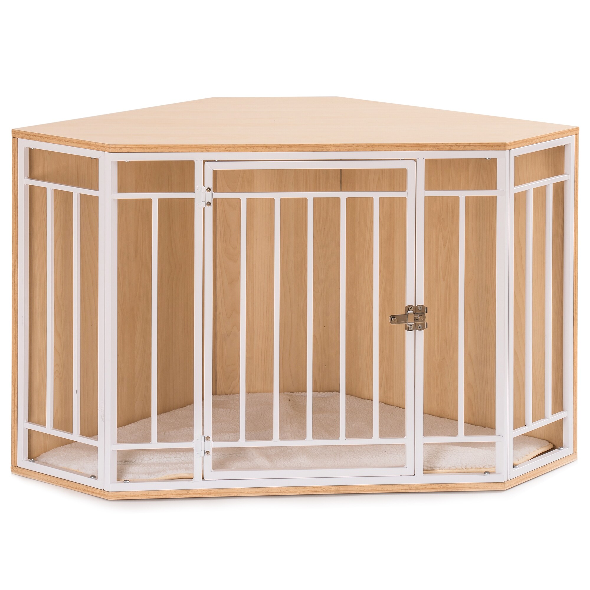 Corner Dog Crate with Cushion Dog Kennel with Wood and Mesh Doghouse Pet Crate Indoor Use Brown