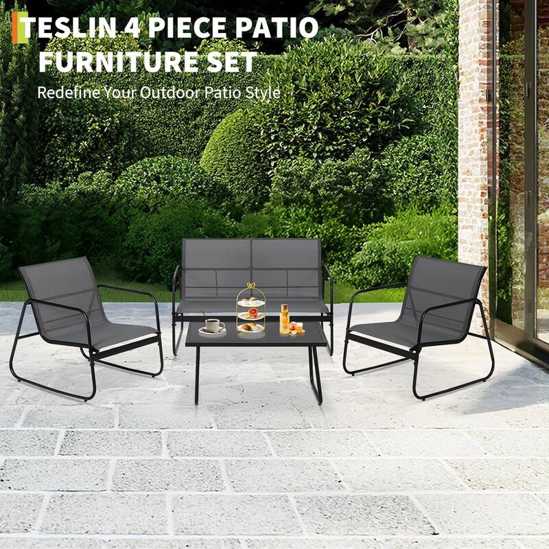 4-Piece Outdoor Patio Set – Steel Frame, Textilene Fabric & Tempered Glass Table for Balcony/Backyard