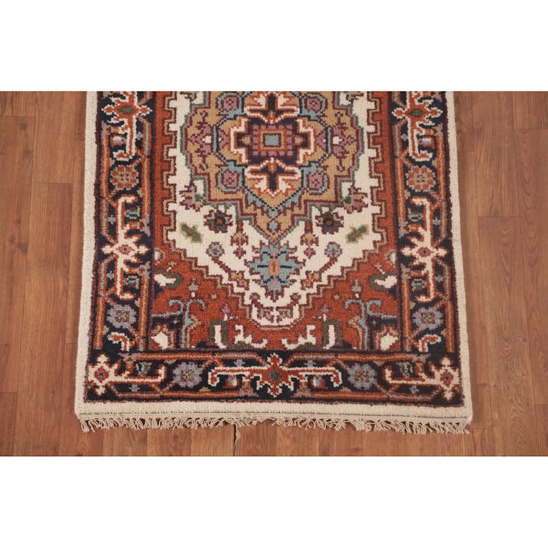 Geometric Beige Heriz-Serapi Oriental Runner Rug Handmade Wool Carpet - 2'6"x 8'0"