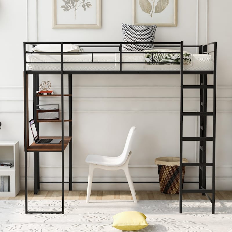 Black Twin Size Metal Loft Bed with Ladder, Fence, Shelves, and Desk