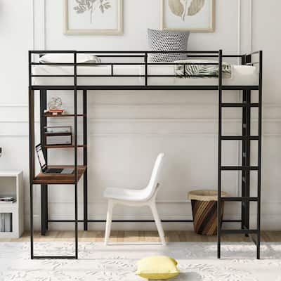 Twin/Full Size Metal High Loft Bed with Wooden Desk and Storage Shelves, Heavy Duty Steel Loftbed Frame with Double Ladder
