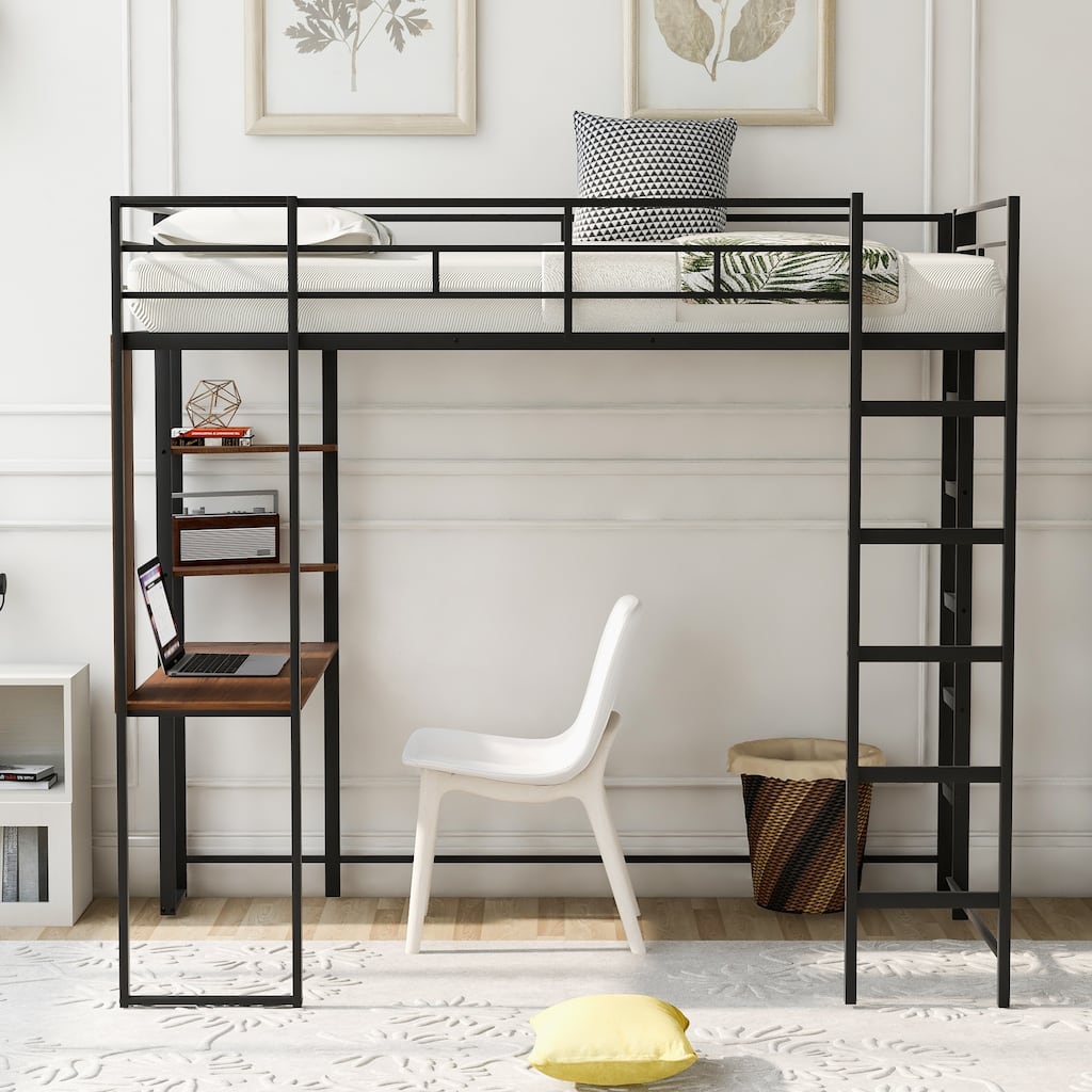 Twin Size High Loft Bed with Desk & Shelves, Metal Loft Bed Twin Size, Metal & Wood Loftbed Frame, for Kids Boys Girls Bedroom
