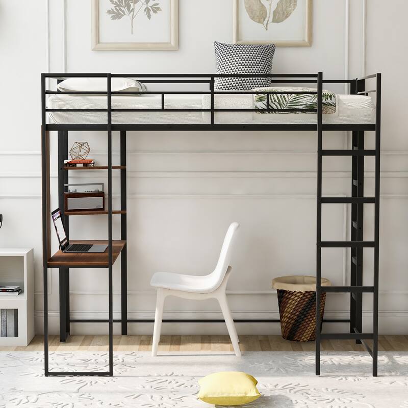 Twin Size Metal Loft Bed with Desk and Shelves, Black Finish