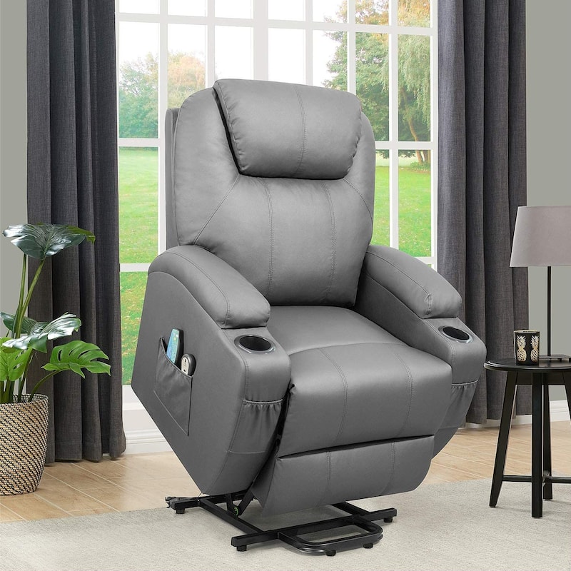 Power Lift Recliner PU Leather with Massage and Heating - Grey