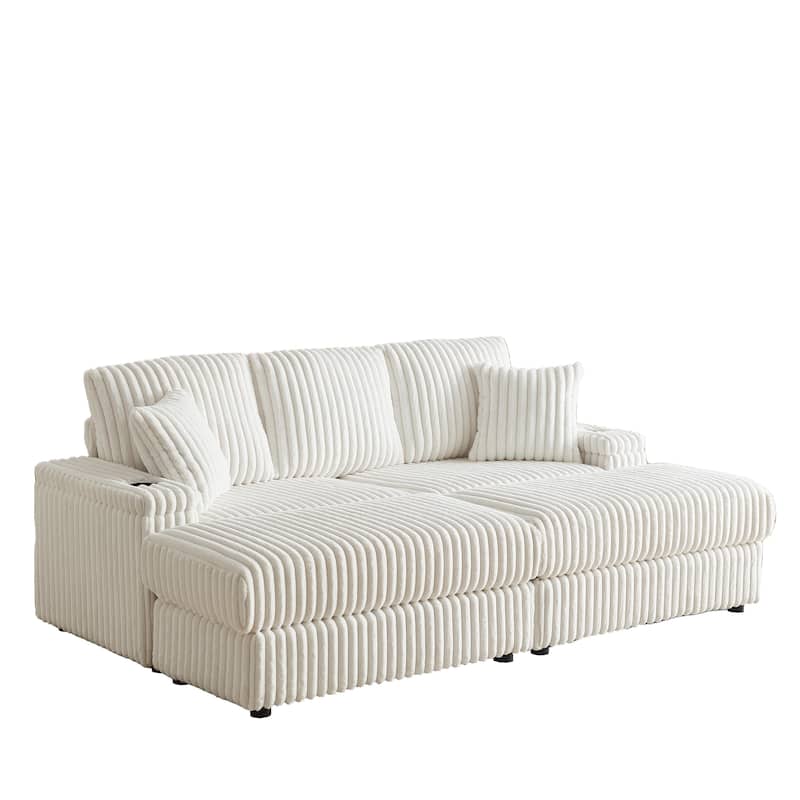 84" Corduroy 3-Seater Sofa with Storage, Ottoman and Cup Holders, Includes 5 Pillows