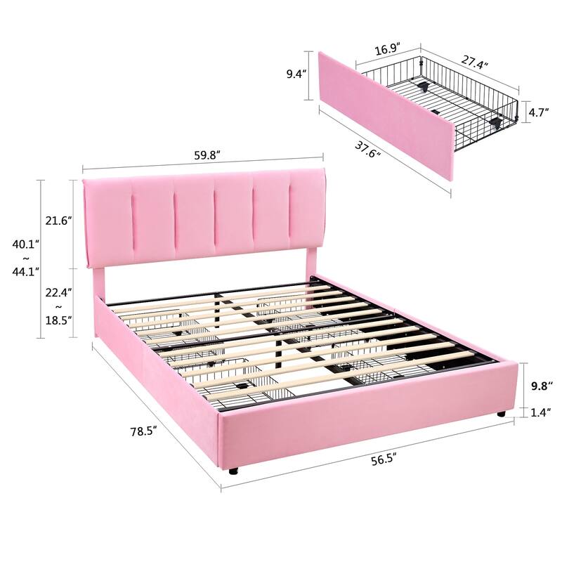 Pink Bed Frame with 4 Storage Drawers, Upholstered Platform Bed Frame with Adjustable Headboard