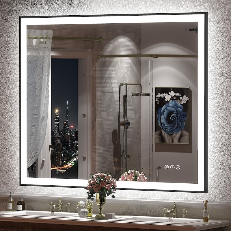 Front & Back LED Anti-Fog Tempered Glass Framed Bathroom/Vanity Mirror 3-Year Warranty - 48" x 38"-Square Corner - Black