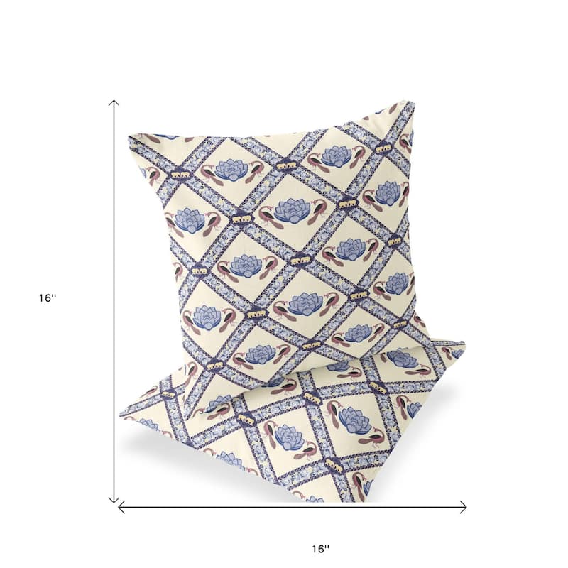HomeRoots Set of Two 16" X 16" Blue and Brown Peacock Blown Seam Floral Indoor Outdoor Throw Pillow - 16.00' X '16.00' X '5.00