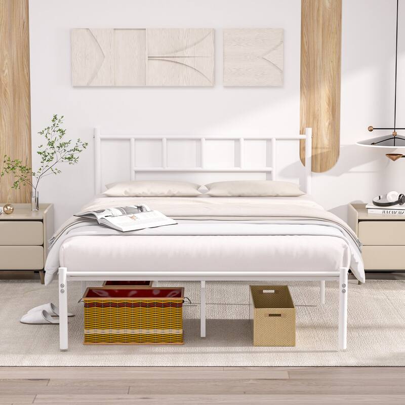 14 Inch Queen Size Metal Bed Frame with Headboard, Iron-Art Platform Bed No Box Spring Needed/Mattress Foundation for Storage