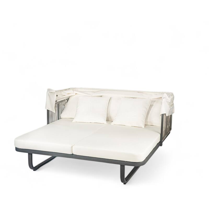 Outdoor 57" Rattan Daybed Sunbed with Retractable Canopy & Pillows