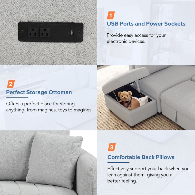 82.6" L-Shaped Sectional Pull Out Sofa Bed Sleeper Sofa with Two USB Ports, Two Power Sockets and A Movable Storage Ottoman