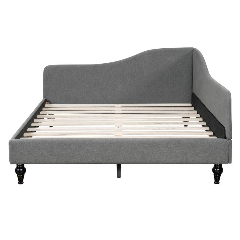 Twin/Full Size Upholstered Daybed, Linen Fabric Sofa Bed with Solid Wood Legs and L Shaped Backrest, Solid Wood Bedframe