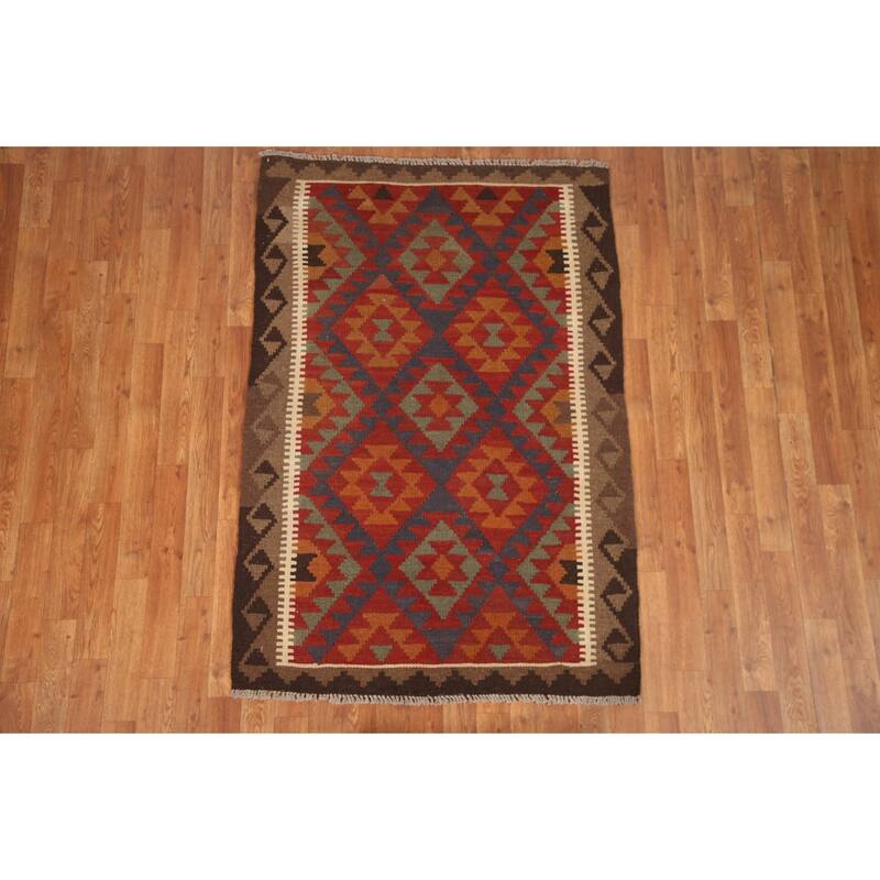 Geometric Kilim Oriental Area Rug Hand-woven Wool Foyer Carpet - 3'3" x 4'11"